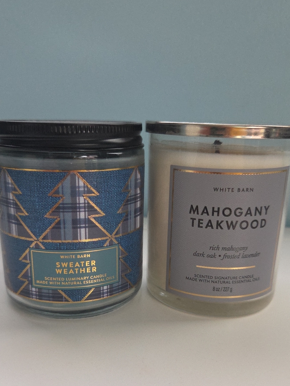 White Barn Sweater Weather & Mahogany Teakwood Candles - Blue, Cream
